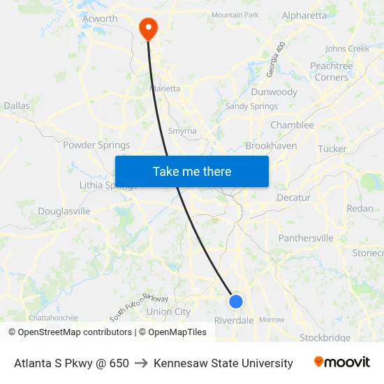 Atlanta S Pkwy @ 650 to Kennesaw State University map
