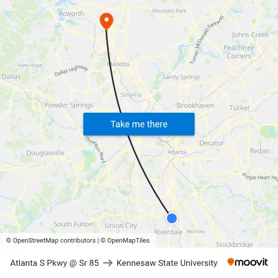 Atlanta S Pkwy @ Sr 85 to Kennesaw State University map