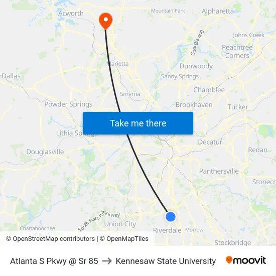 Atlanta S Pkwy @ Sr 85 to Kennesaw State University map