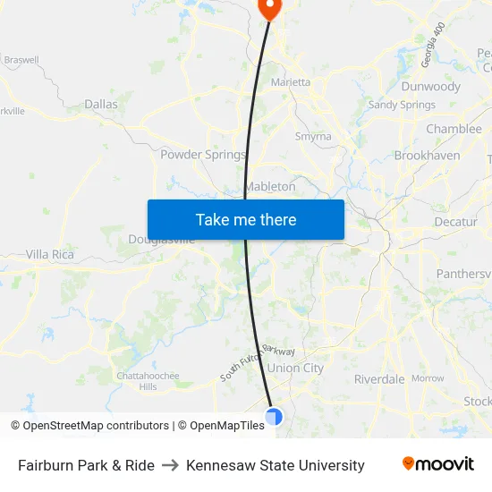 Fairburn Park & Ride to Kennesaw State University map