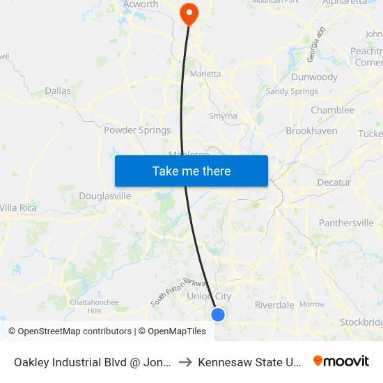 Oakley Industrial Blvd @ Jonesboro Rd to Kennesaw State University map