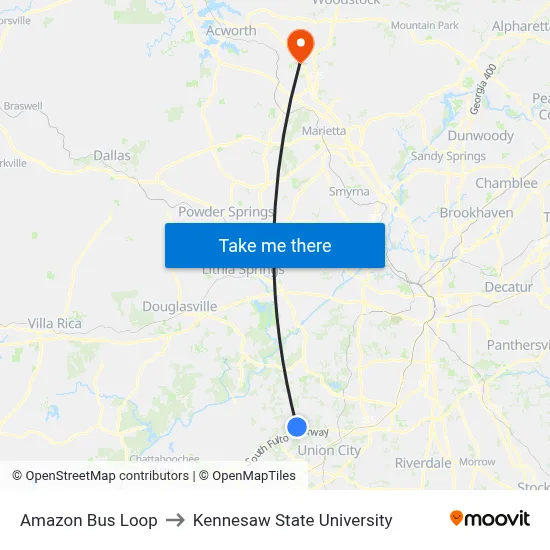 Amazon Bus Loop to Kennesaw State University map