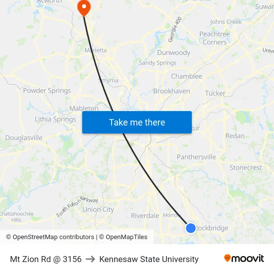 Mt Zion Rd @ 3156 to Kennesaw State University map
