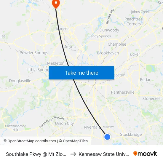 Southlake Pkwy @ Mt Zion Blvd to Kennesaw State University map