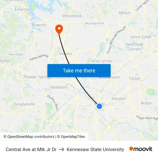 Central Ave at Mlk Jr Dr to Kennesaw State University map