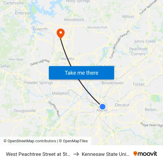 West Peachtree Street at 5th Street to Kennesaw State University map