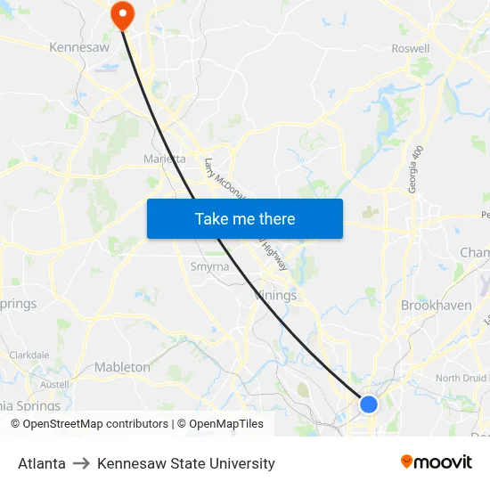 Atlanta to Kennesaw State University map