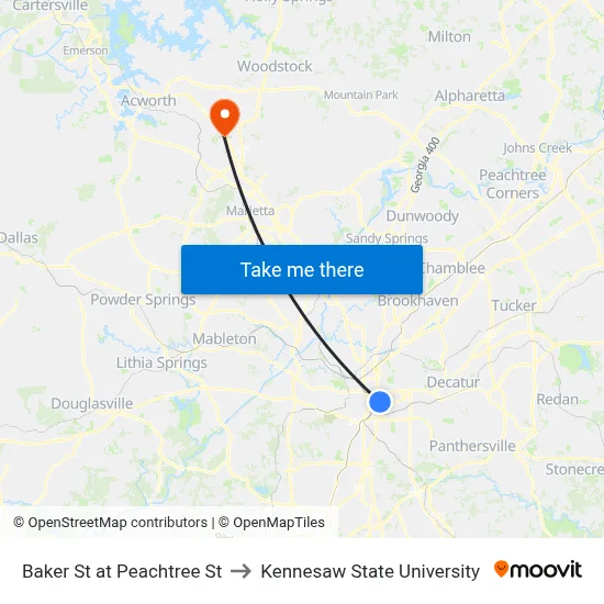 Baker St at Peachtree St to Kennesaw State University map