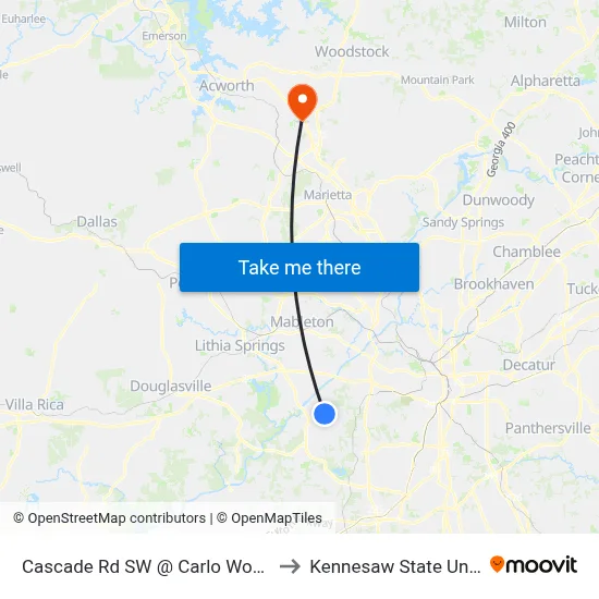 Cascade Rd SW @ Carlo Woods Dr SW to Kennesaw State University map