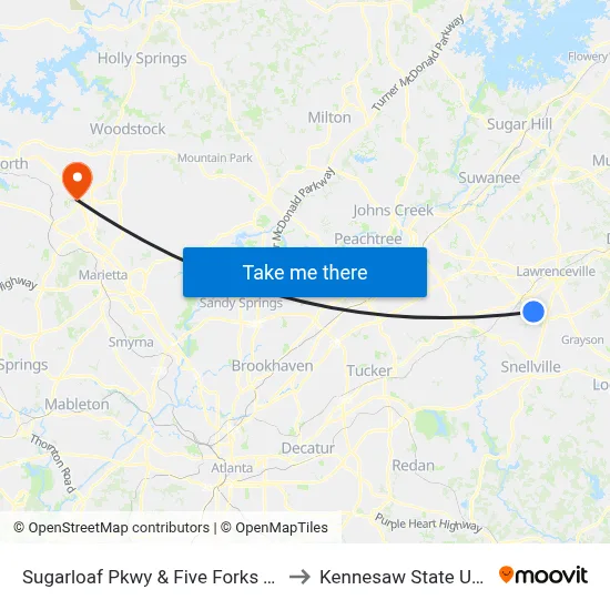 Sugarloaf Pkwy & Five Forks Trickum Rd to Kennesaw State University map