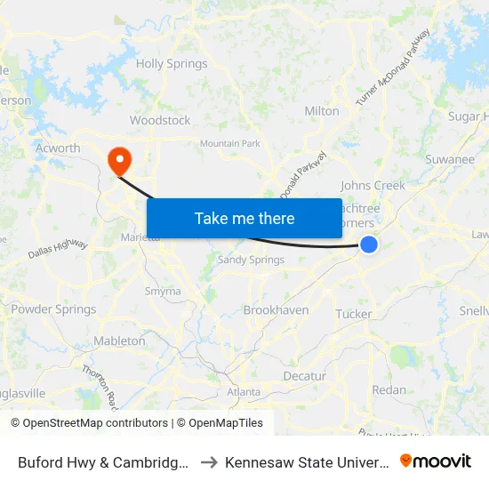 Buford Hwy & Cambridge St to Kennesaw State University map