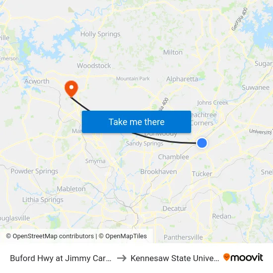 Buford Hwy at Jimmy Carter Ib to Kennesaw State University map