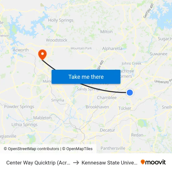 Center Way Quicktrip (Across) to Kennesaw State University map