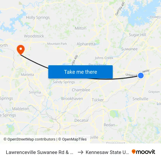 Lawrenceville Suwanee Rd & Old Norcross to Kennesaw State University map