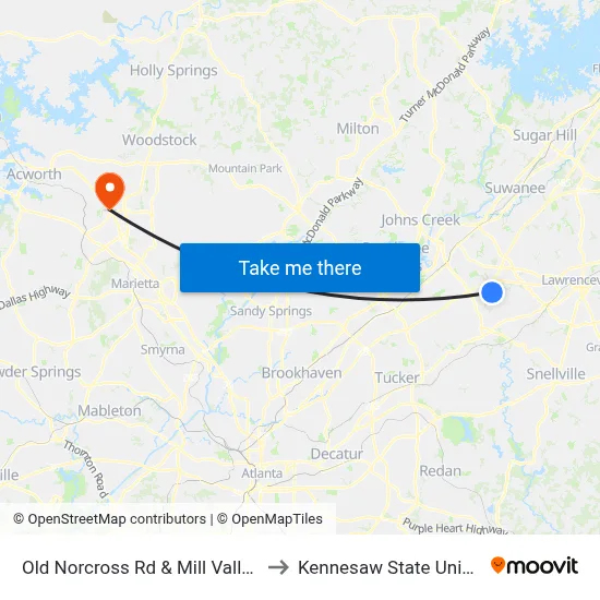 Old Norcross Rd & Mill Valley Apts to Kennesaw State University map
