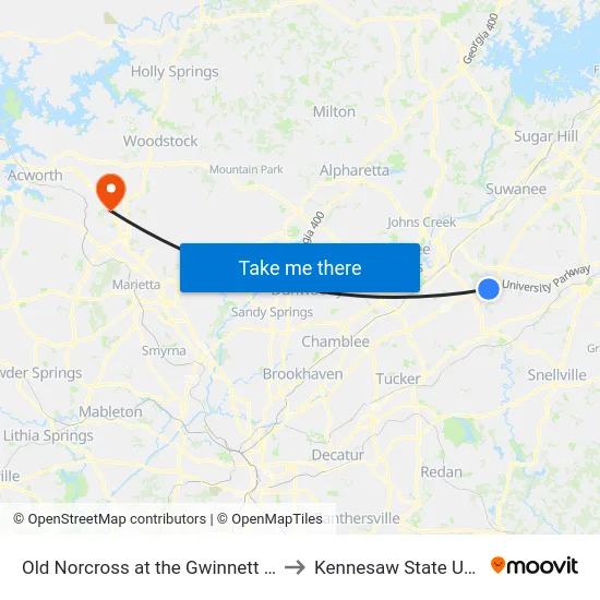 Old Norcross at the Gwinnett Body Shop to Kennesaw State University map