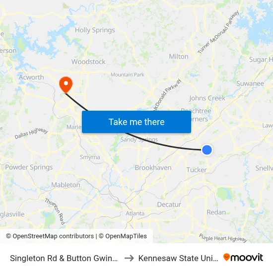 Singleton Rd & Button Gwinnett Pl Ib to Kennesaw State University map