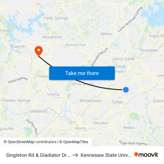 Singleton Rd & Gladiator Drive Ob to Kennesaw State University map