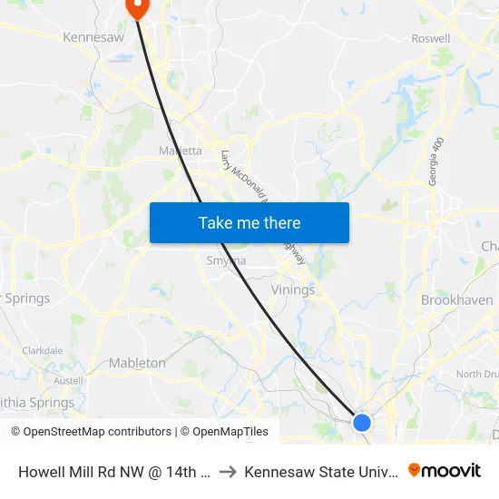 Howell Mill Rd NW @ 14th St NW to Kennesaw State University map