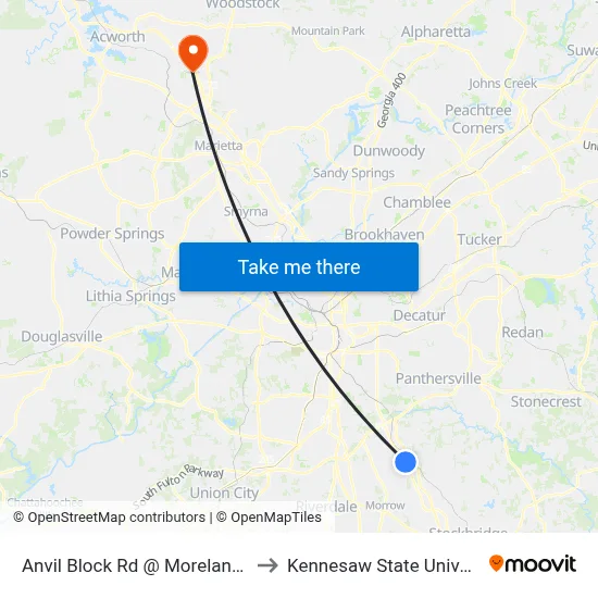 Anvil Block Rd @ Moreland Ave to Kennesaw State University map