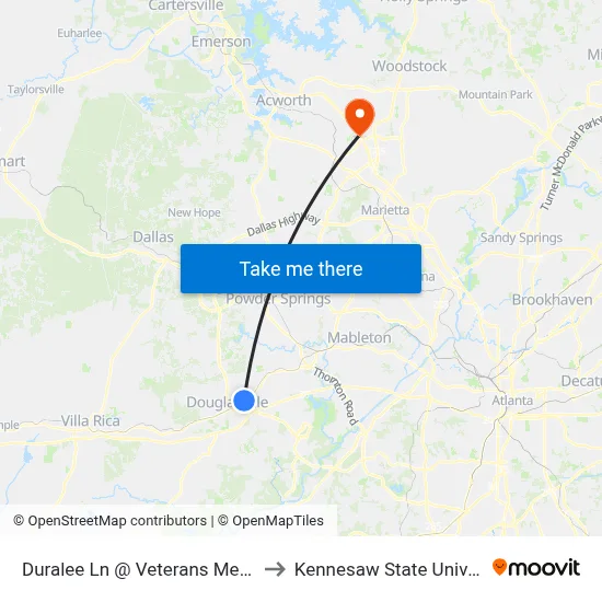 Duralee Ln @ Veterans Memorial to Kennesaw State University map