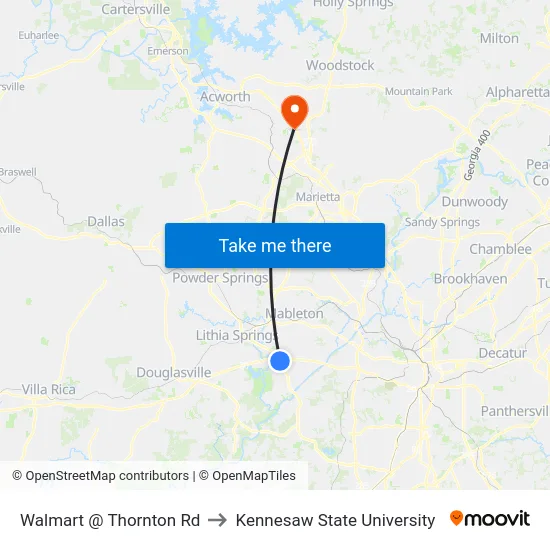 Walmart @ Thornton Rd to Kennesaw State University map
