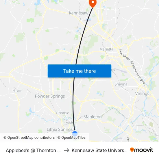 Applebee's @ Thornton Rd to Kennesaw State University map
