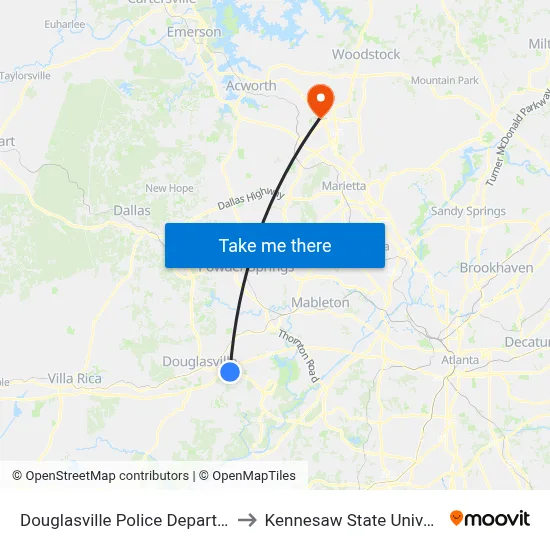 Douglasville Police Department to Kennesaw State University map