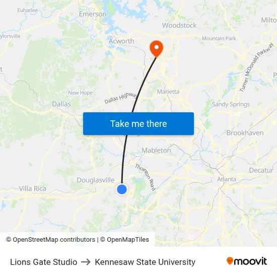 Lions Gate Studio to Kennesaw State University map