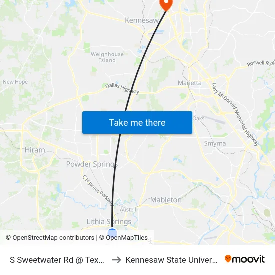 S Sweetwater Rd @ Texaco to Kennesaw State University map