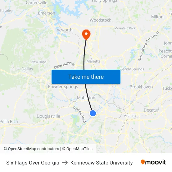 Six Flags Over Georgia to Kennesaw State University map