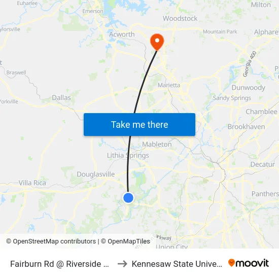 Fairburn Rd @ Riverside Pkwy to Kennesaw State University map