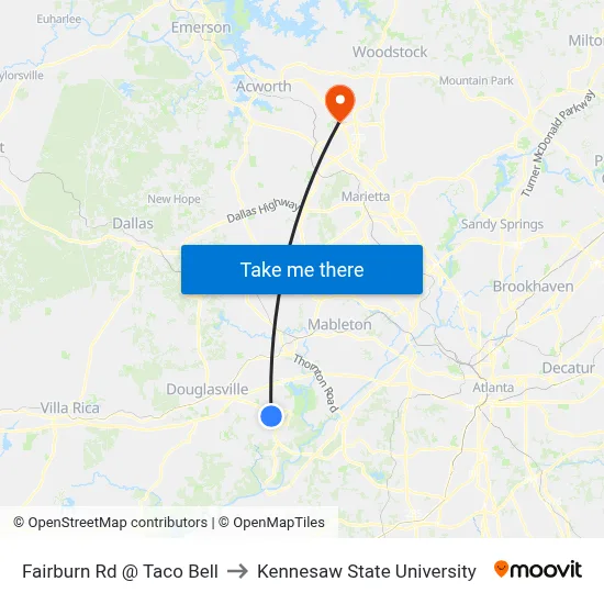 Fairburn Rd @ Taco Bell to Kennesaw State University map