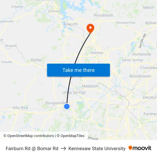 Fairburn Rd @ Bomar Rd to Kennesaw State University map