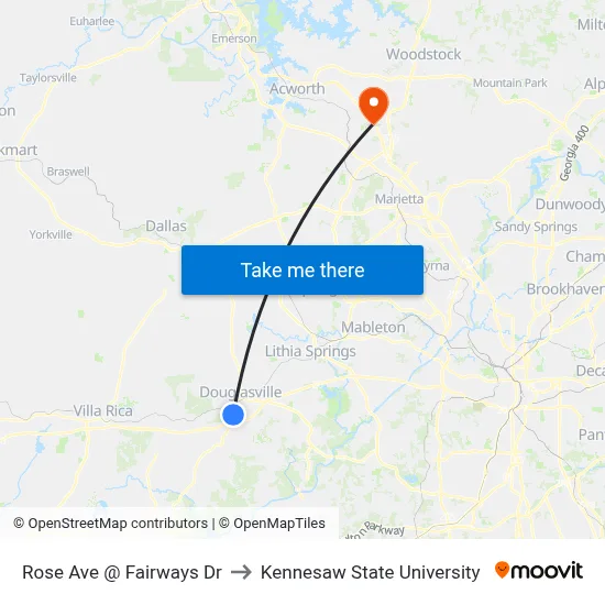 Rose Ave @ Fairways Dr to Kennesaw State University map