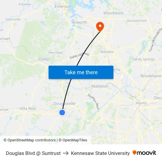 Douglas Blvd @ Suntrust to Kennesaw State University map