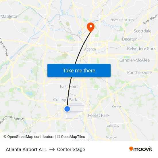 Atlanta Airport ATL to Center Stage map