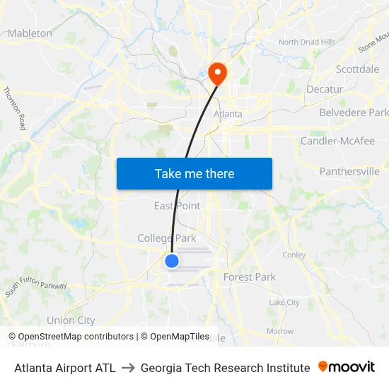 Atlanta Airport ATL to Georgia Tech Research Institute map