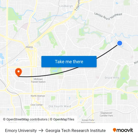 Emory University to Georgia Tech Research Institute map