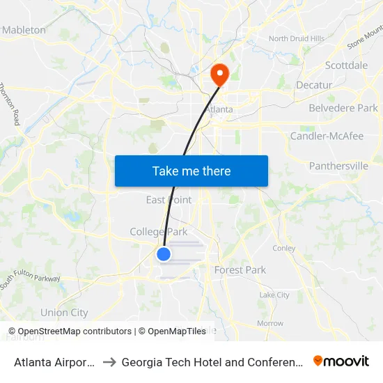 Atlanta Airport ATL to Georgia Tech Hotel and Conference Center map