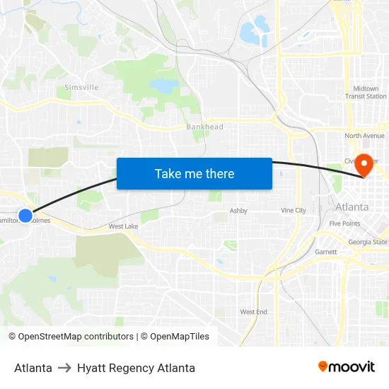 Atlanta to Hyatt Regency Atlanta map