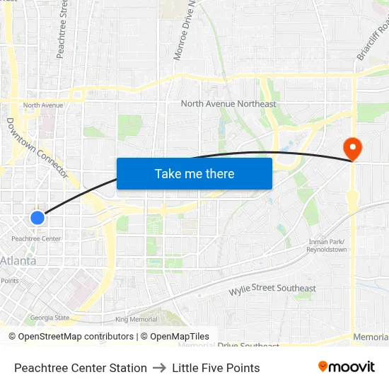 Peachtree Center Station to Little Five Points map