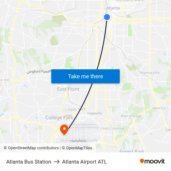Atlanta Bus Station to Atlanta Airport ATL map