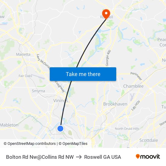 Bolton Rd Nw@Collins Rd NW to Roswell GA USA map