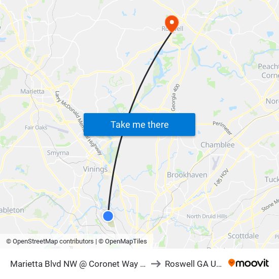 Marietta Blvd NW @ Coronet Way NW to Roswell GA USA map