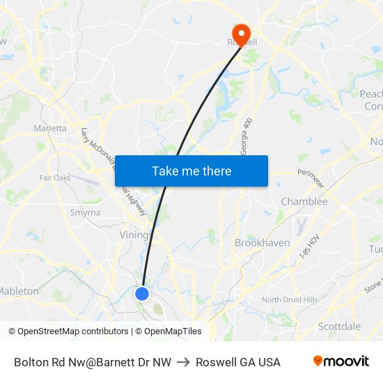 Bolton Rd Nw@Barnett Dr NW to Roswell GA USA map