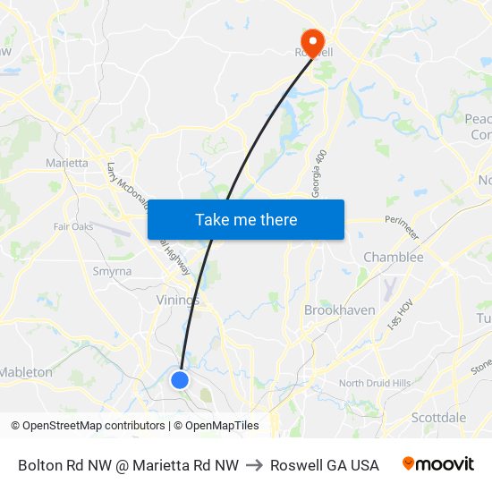 Bolton Rd NW @ Marietta Rd NW to Roswell GA USA map