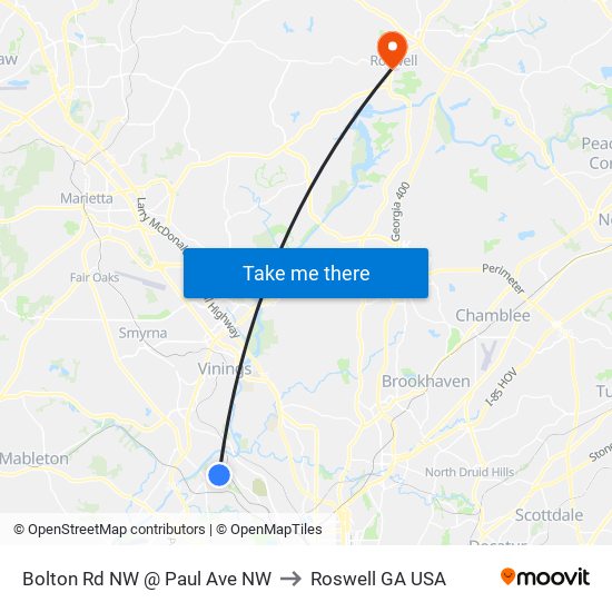 Bolton Rd NW @ Paul Ave NW to Roswell GA USA map