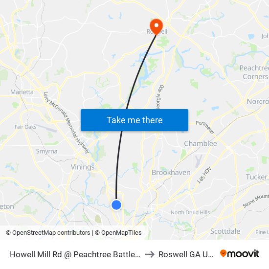 Howell Mill Rd @ Peachtree Battle Av to Roswell GA USA map