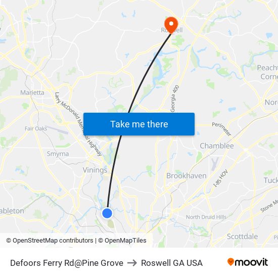 Defoors Ferry Rd@Pine Grove to Roswell GA USA map